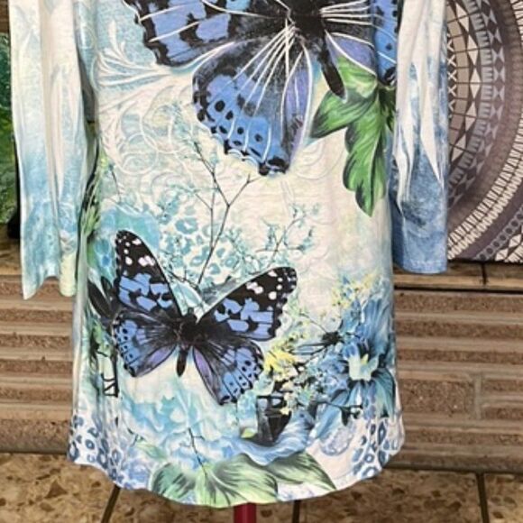 Cal Style USA Butterfly & Floral Print Tunic 3/4 Sleeve Size Large - Picture 9 of 12
